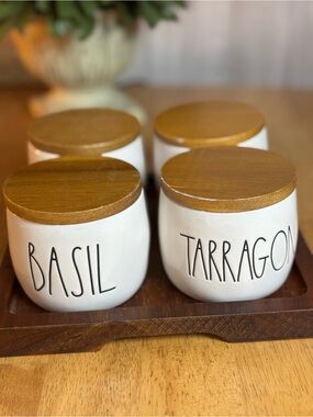 Rae Dunn 4 PC White Ceramic Herb Jars Wood Lids Basil Tarragon Rosemary Thyme